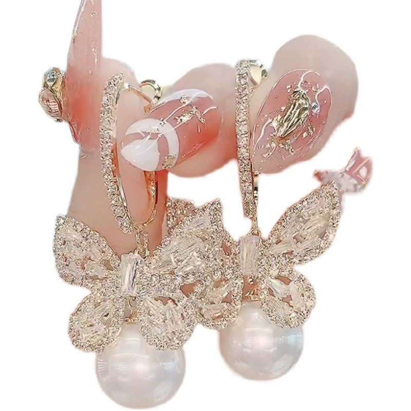 Wholesale Heavy Zircon Bow Pearl Earrings